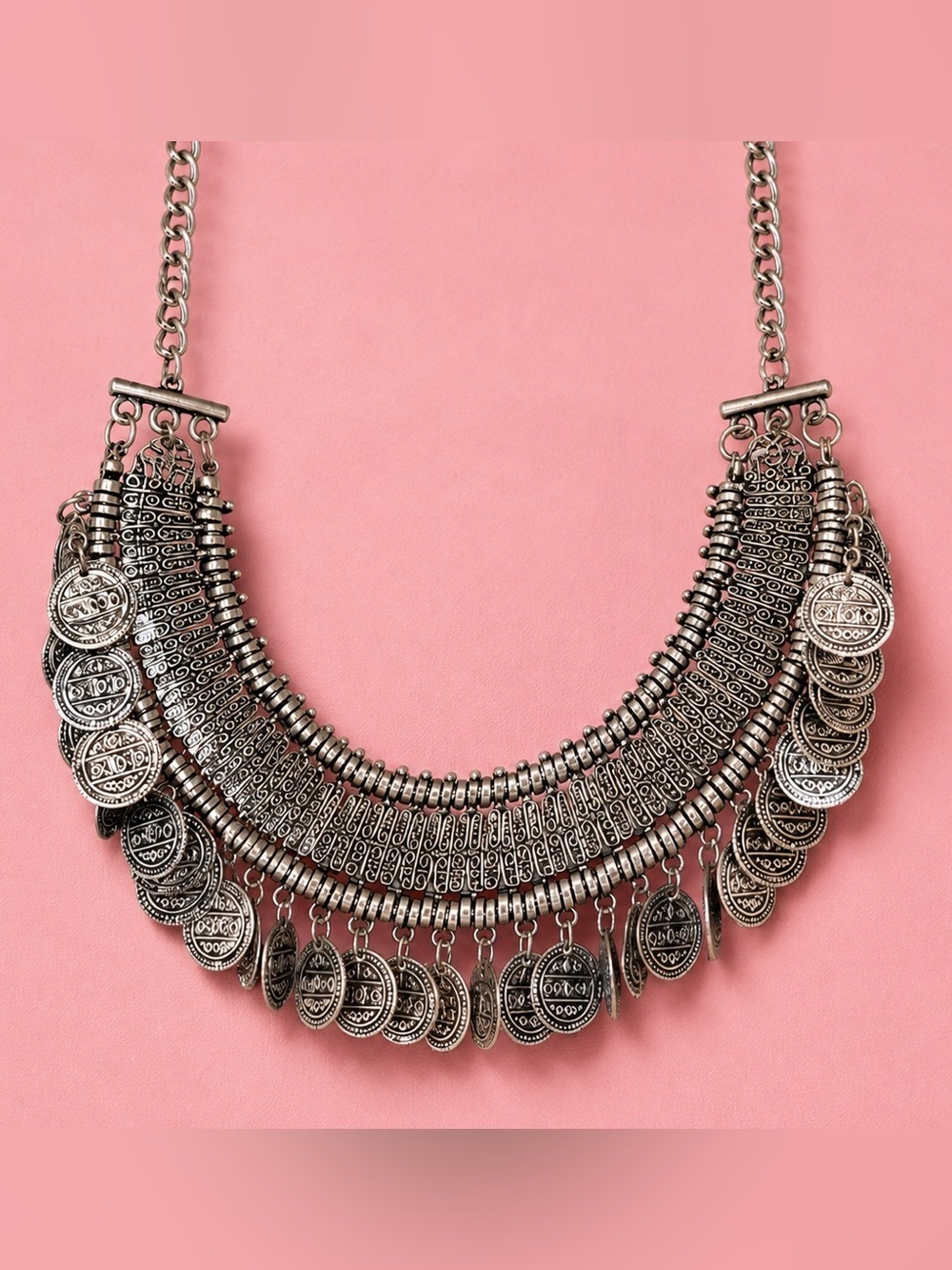 Ethnic Antique Silver Coin Fringe Necklace